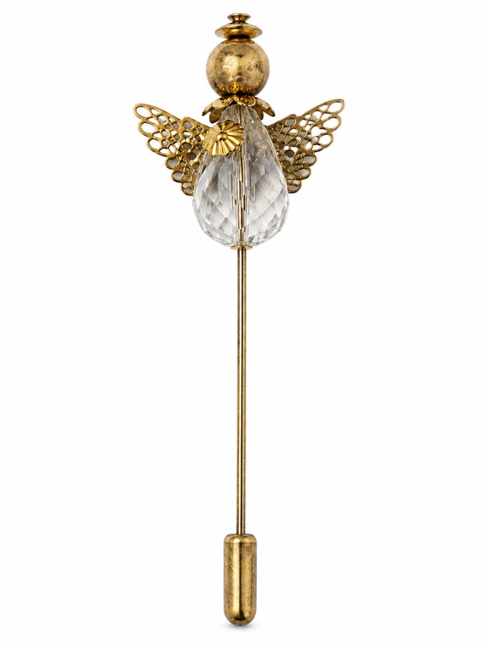 Vintage Angel Stick Pin Handmade 1980's Delicate Goldtone w/ Clear Stone Jewelry